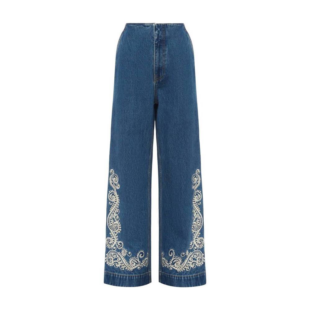 Alemais Indigo Denim Wide-Leg Jeans with White Embroidered Hem - NWT